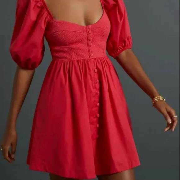 ANTHROPOLOGIE Maeve L NWT Red Puff-Sleeved Sweetheart Mini dress