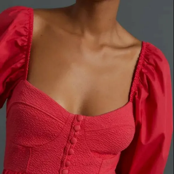 ANTHROPOLOGIE Maeve L NWT Red Puff-Sleeved Sweetheart Mini dress