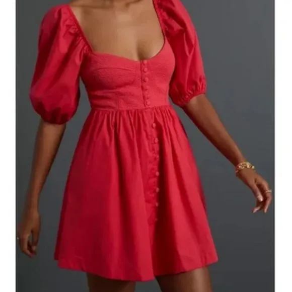 ANTHROPOLOGIE Maeve L NWT Red Puff-Sleeved Sweetheart Mini dress