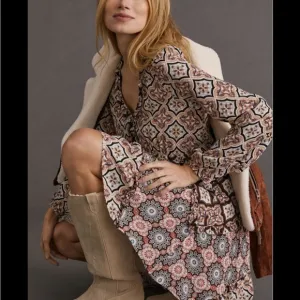 Anthropologie Neautral Motif Tiered V Neck Mini Dress Boho Festival Size Large