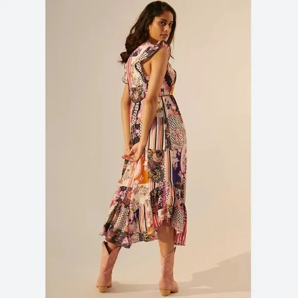 Anthropologie Ruffled Patchwork Dress Size 4