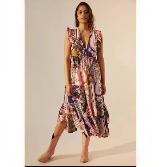 Anthropologie Ruffled Patchwork Dress Size 4