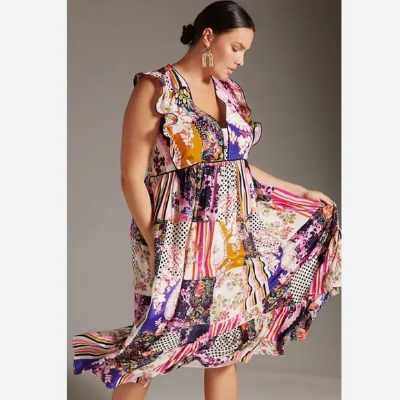 Anthropologie Ruffled Patchwork Dress Size 4