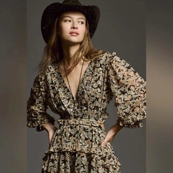 Anthropologie V Neck Ruffle Mini Dress Neutral Motif Size Large NWT