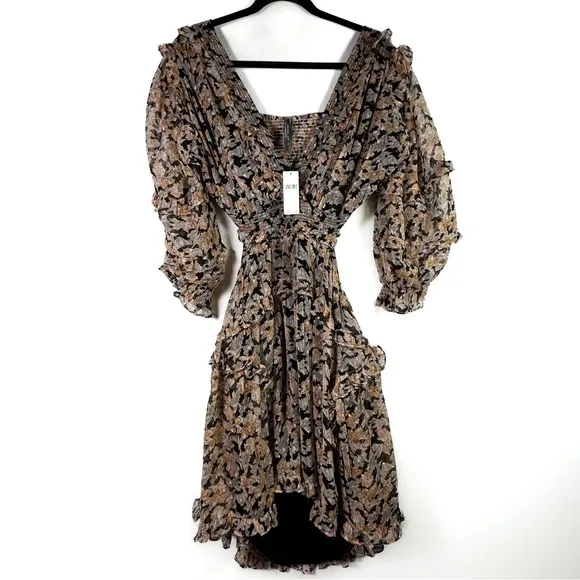 Anthropologie V Neck Ruffle Mini Dress Neutral Motif Size Large NWT
