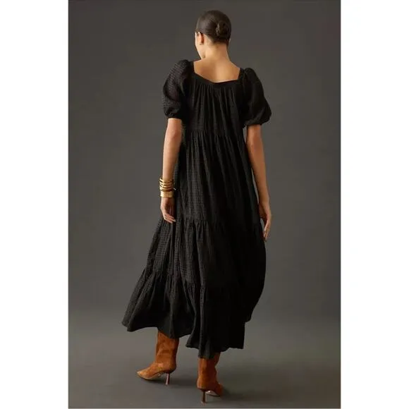 Anthropologie Women’s Tiered Puff Sleeve Square Neck Black Maxi Prairie Dress S
