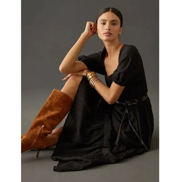 Anthropologie Women’s Tiered Puff Sleeve Square Neck Black Maxi Prairie Dress S