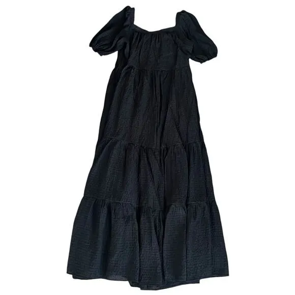 Anthropologie Women’s Tiered Puff Sleeve Square Neck Black Maxi Prairie Dress S