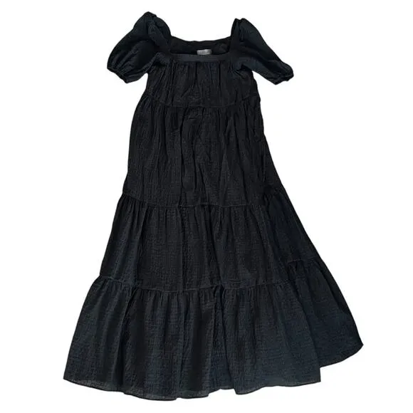 Anthropologie Women’s Tiered Puff Sleeve Square Neck Black Maxi Prairie Dress S