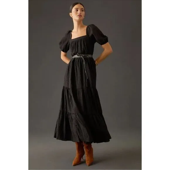 Anthropologie Women’s Tiered Puff Sleeve Square Neck Black Maxi Prairie Dress S