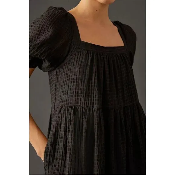 Anthropologie Women’s Tiered Puff Sleeve Square Neck Black Maxi Prairie Dress S
