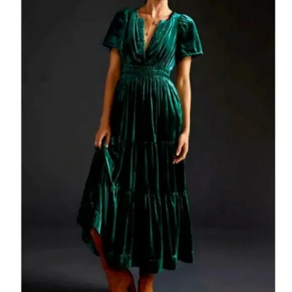 Anthropologie XXS NWT Somerset Velvet Edition Maxi Dress Tiered Green Small New