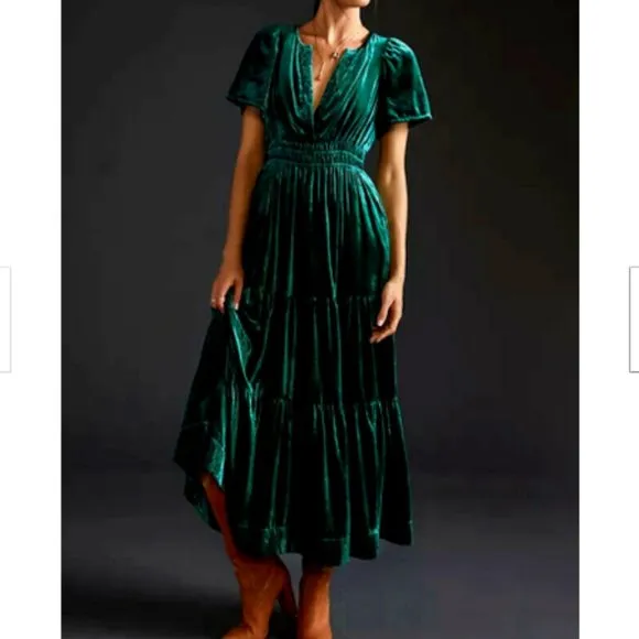 Anthropologie XXS NWT Somerset Velvet Edition Maxi Dress Tiered Green Small New