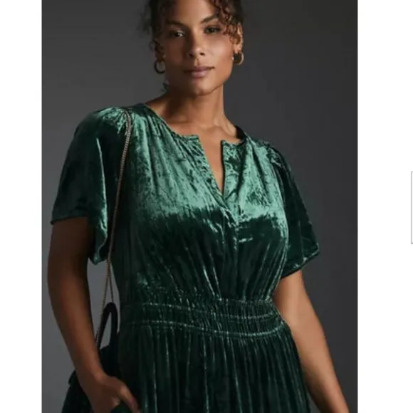Anthropologie XXS NWT Somerset Velvet Edition Maxi Dress Tiered Green Small New