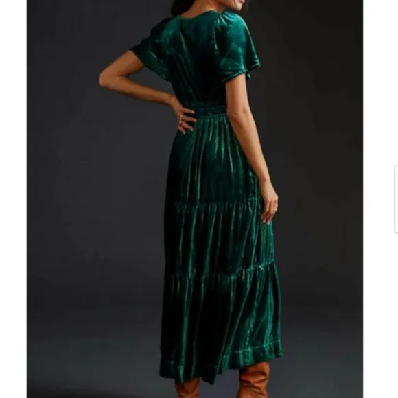 Anthropologie XXS NWT Somerset Velvet Edition Maxi Dress Tiered Green Small New