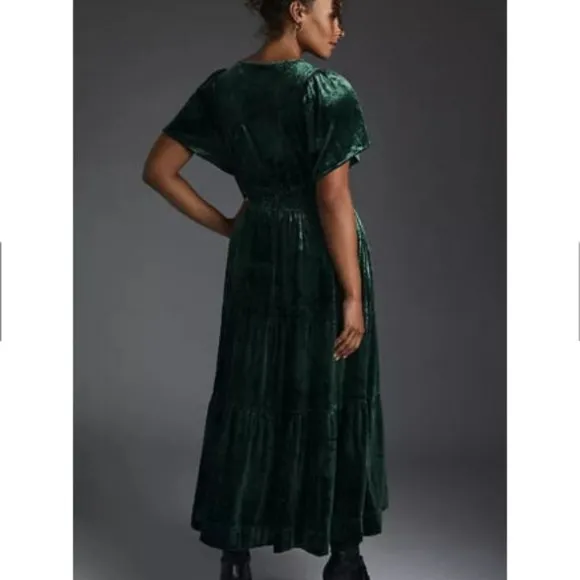 Anthropologie XXS NWT Somerset Velvet Edition Maxi Dress Tiered Green Small New