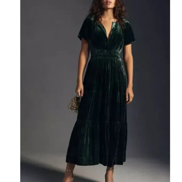 Anthropologie XXS NWT Somerset Velvet Edition Maxi Dress Tiered Green Small New