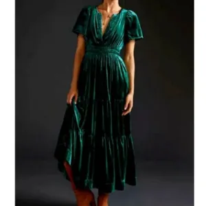 Anthropologie XXS NWT Somerset Velvet Edition Maxi Dress Tiered Green Small New