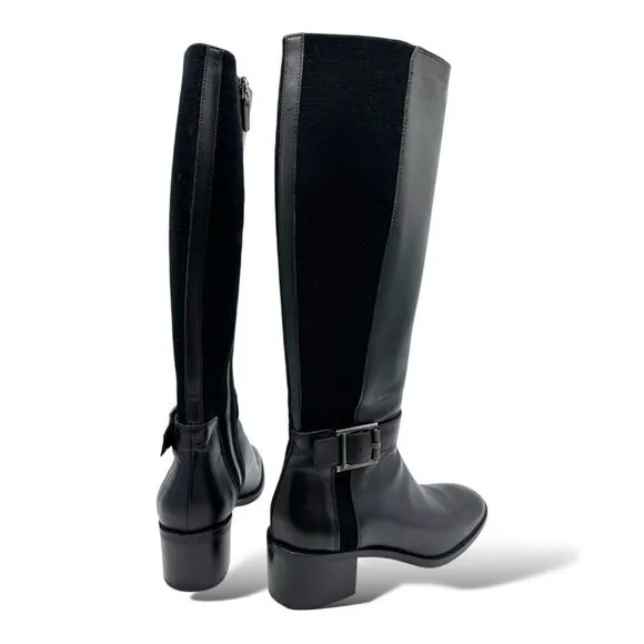 Aquatalia Womens 7.5 Black Leather Stretch Fabric Knee High Riding Boot 6.5