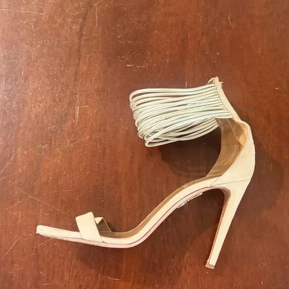 Aquazzura Around Metalllic Ankle Strap Beige Suede Heels