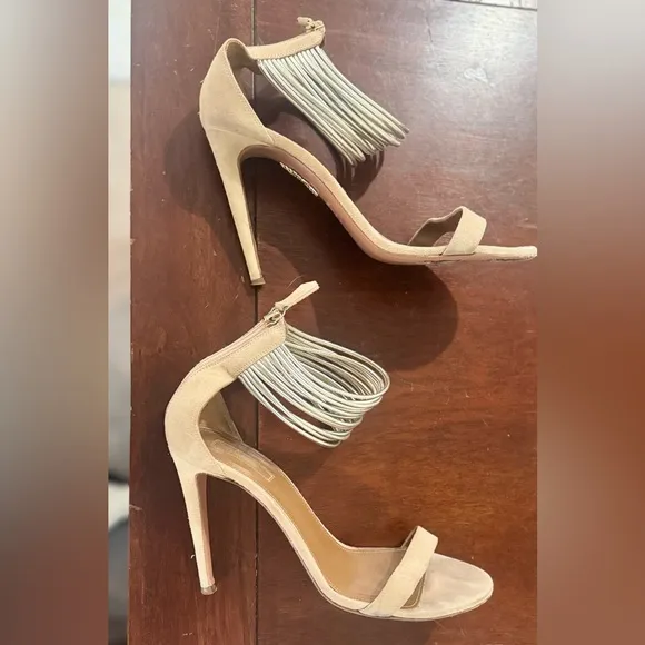 Aquazzura Around Metalllic Ankle Strap Beige Suede Heels