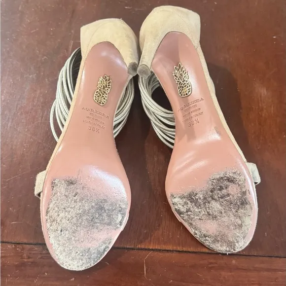 Aquazzura Around Metalllic Ankle Strap Beige Suede Heels