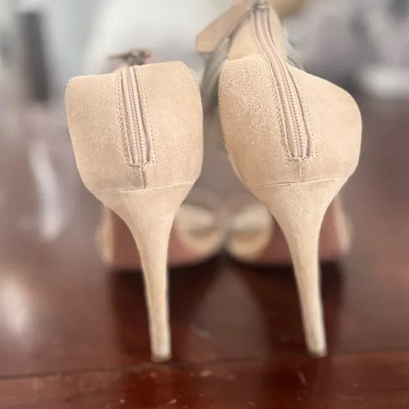 Aquazzura Around Metalllic Ankle Strap Beige Suede Heels