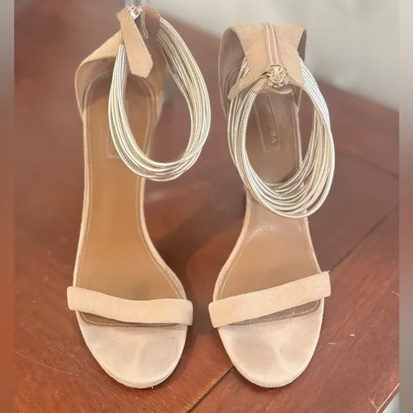 Aquazzura Around Metalllic Ankle Strap Beige Suede Heels