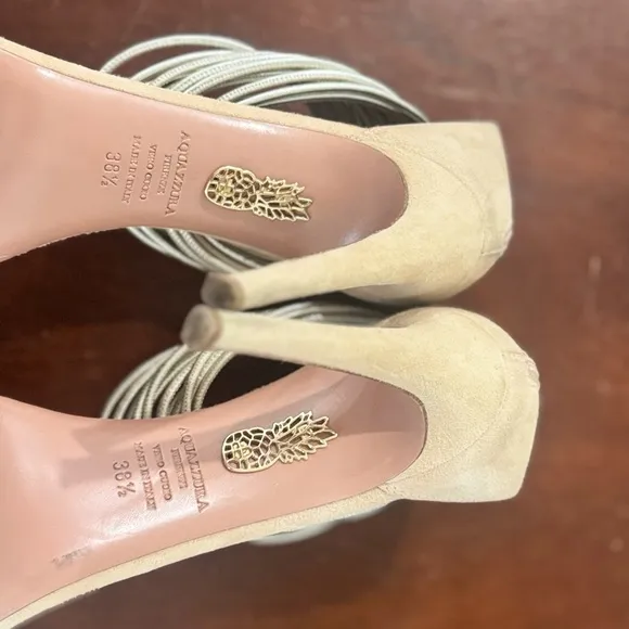Aquazzura Around Metalllic Ankle Strap Beige Suede Heels