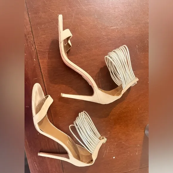 Aquazzura Around Metalllic Ankle Strap Beige Suede Heels