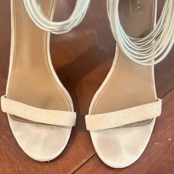 Aquazzura Around Metalllic Ankle Strap Beige Suede Heels