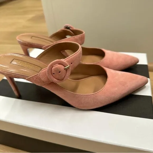 Aquazzura Pink Suede Buckle Mule Sandals size 38.5 $675