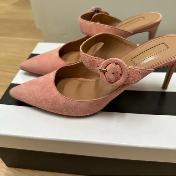Aquazzura Pink Suede Buckle Mule Sandals size 38.5 $675