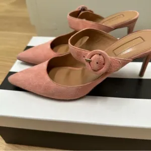 Aquazzura Pink Suede Buckle Mule Sandals size 38.5 $675