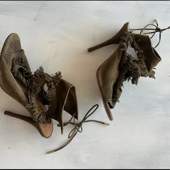 Aquazzura Sexy Thing Fringe Sandals Olive Green Sz 38 Lace-up Tie Stiletto Heels
