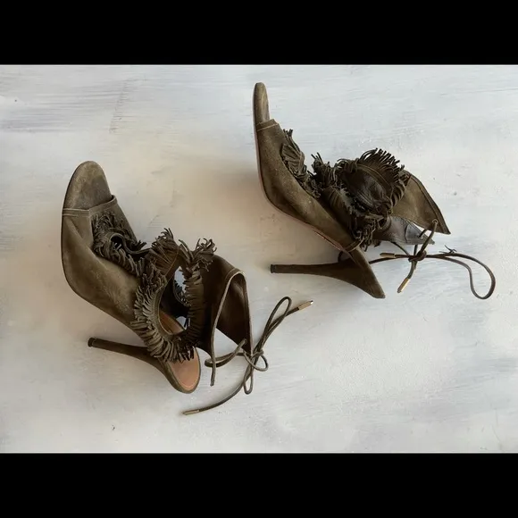Aquazzura Sexy Thing Fringe Sandals Olive Green Sz 38 Lace-up Tie Stiletto Heels