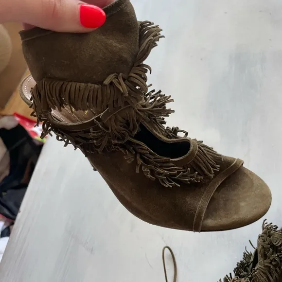Aquazzura Sexy Thing Fringe Sandals Olive Green Sz 38 Lace-up Tie Stiletto Heels