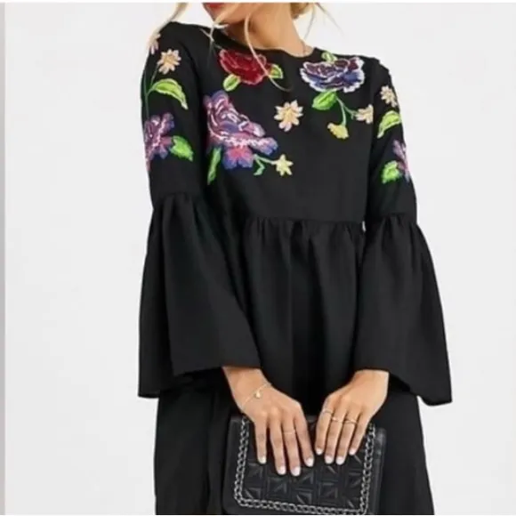 ASOS Fluted Sleeve Embroidered Smock Mini Dress size 4