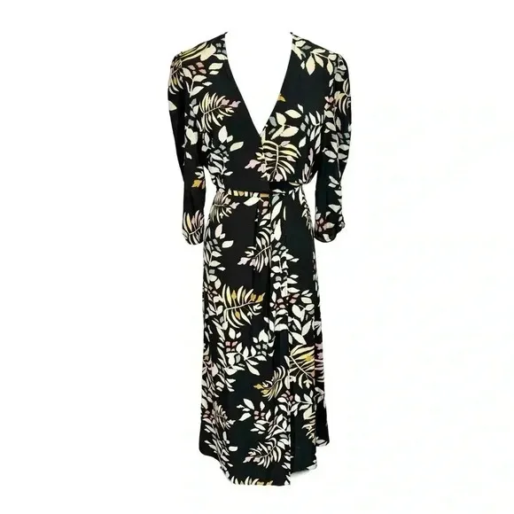 ba&amp;sh Crissy Leaf Print Wrap Midi Dress in Black Sz:1/Small