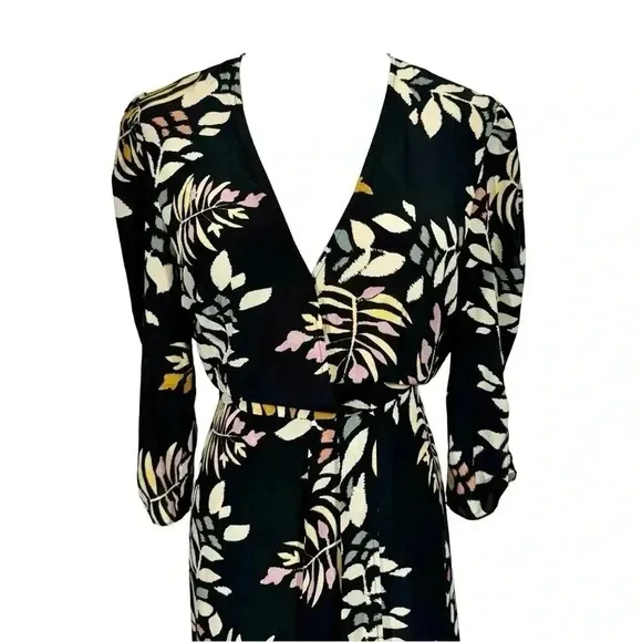 ba&amp;sh Crissy Leaf Print Wrap Midi Dress in Black Sz:1/Small
