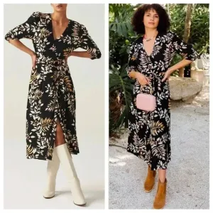 ba&amp;sh Crissy Leaf Print Wrap Midi Dress in Black Sz:1/Small