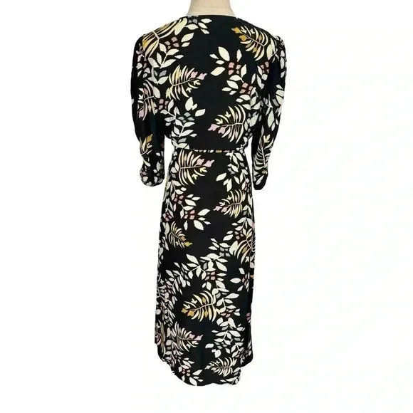 ba&amp;sh Crissy Leaf Print Wrap Midi Dress in Black Sz:1/Small