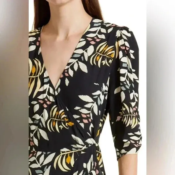 ba&amp;sh Crissy Leaf Print Wrap Midi Dress in Black Sz:1/Small