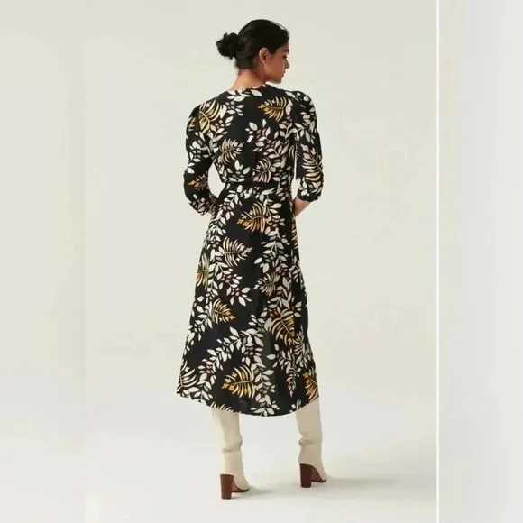 ba&amp;sh Crissy Leaf Print Wrap Midi Dress in Black Sz:1/Small