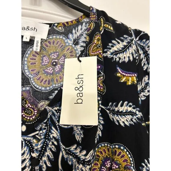ba&amp;sh NWT Volver Floral Noir Black Babydoll Mini Dress Size Large US 8