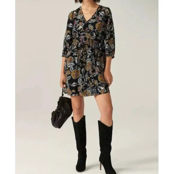ba&amp;sh NWT Volver Floral Noir Black Babydoll Mini Dress Size Large US 8