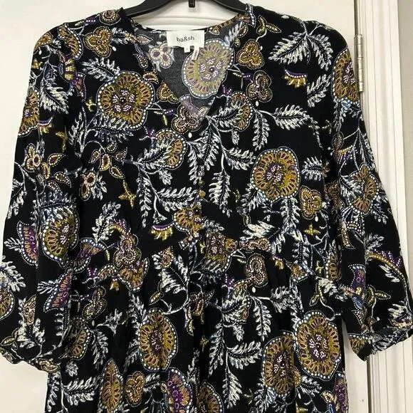 ba&amp;sh NWT Volver Floral Noir Black Babydoll Mini Dress Size Large US 8