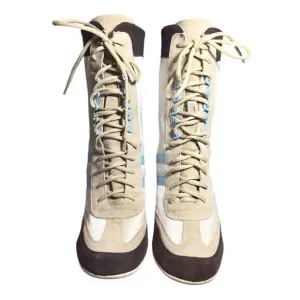 Baker’s Y2K Suede Nylon High Heel Ankle Boots Stylish Beige and Brown Size 8 1/2