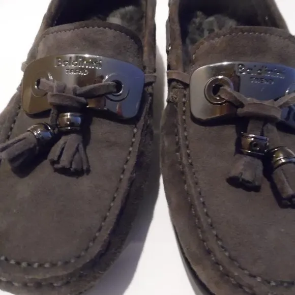 Baldinini Shearling Sheepskin Suede‎ Fur Moccasins Shoes Slip On Loafers