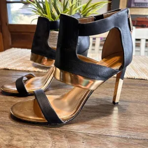 BCBGMAXAZRIA Vero Cuoio Heels Gold Black Leather Strap Stiletto Sandals 7.5